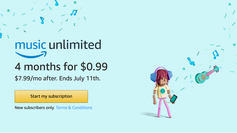 Four months Amazon Music Unlimited, $1 for Prime members. New Amazon Music Unlimited members only.